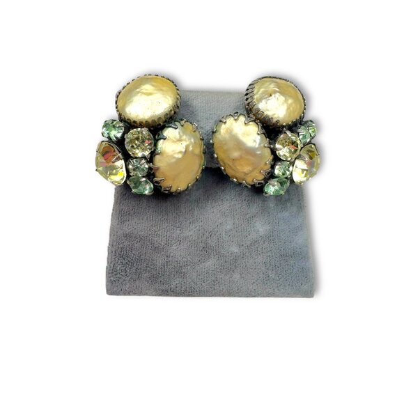 Regency Bracelet Earrings Set Faux Pearls Green Rhinestones Silver Tone - Picture 5 of 16